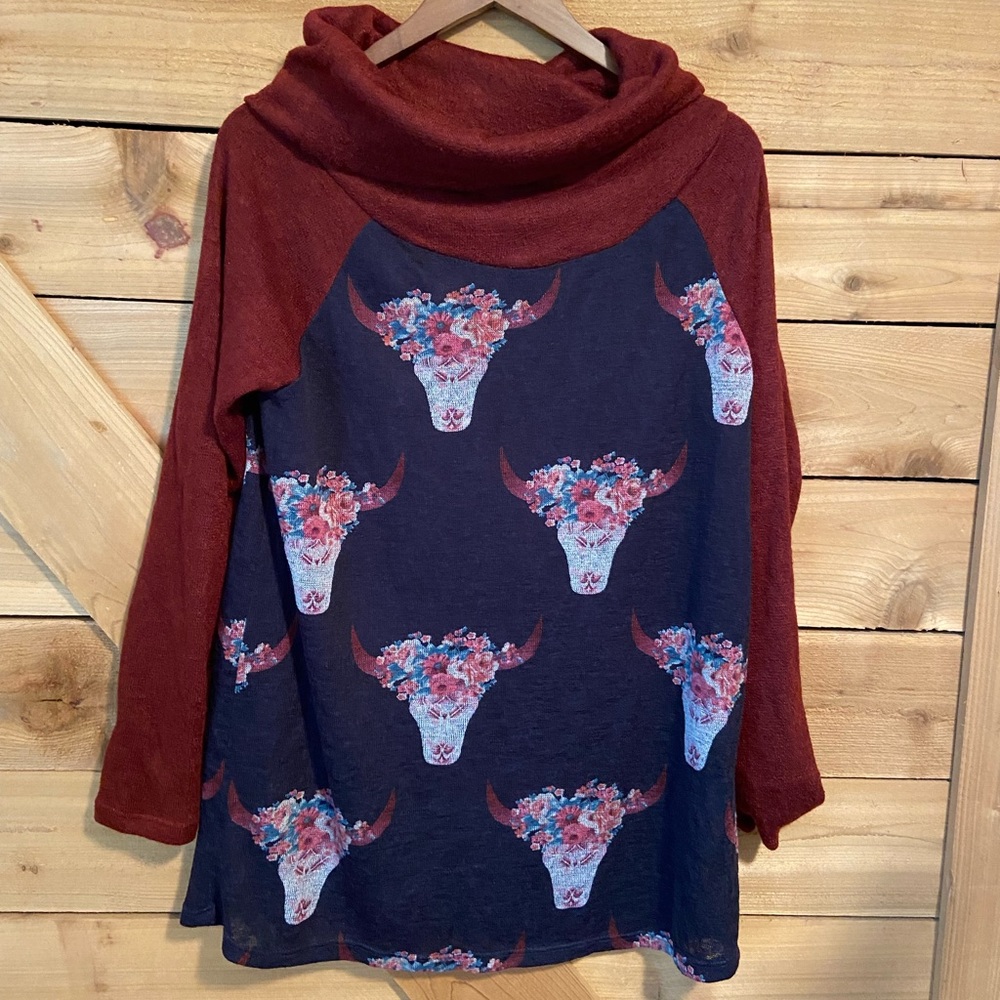Graphic Steer Head Cowl Neck Sweater
